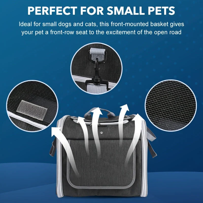 Small pet riding in the Expandable Bike Basket for Pets