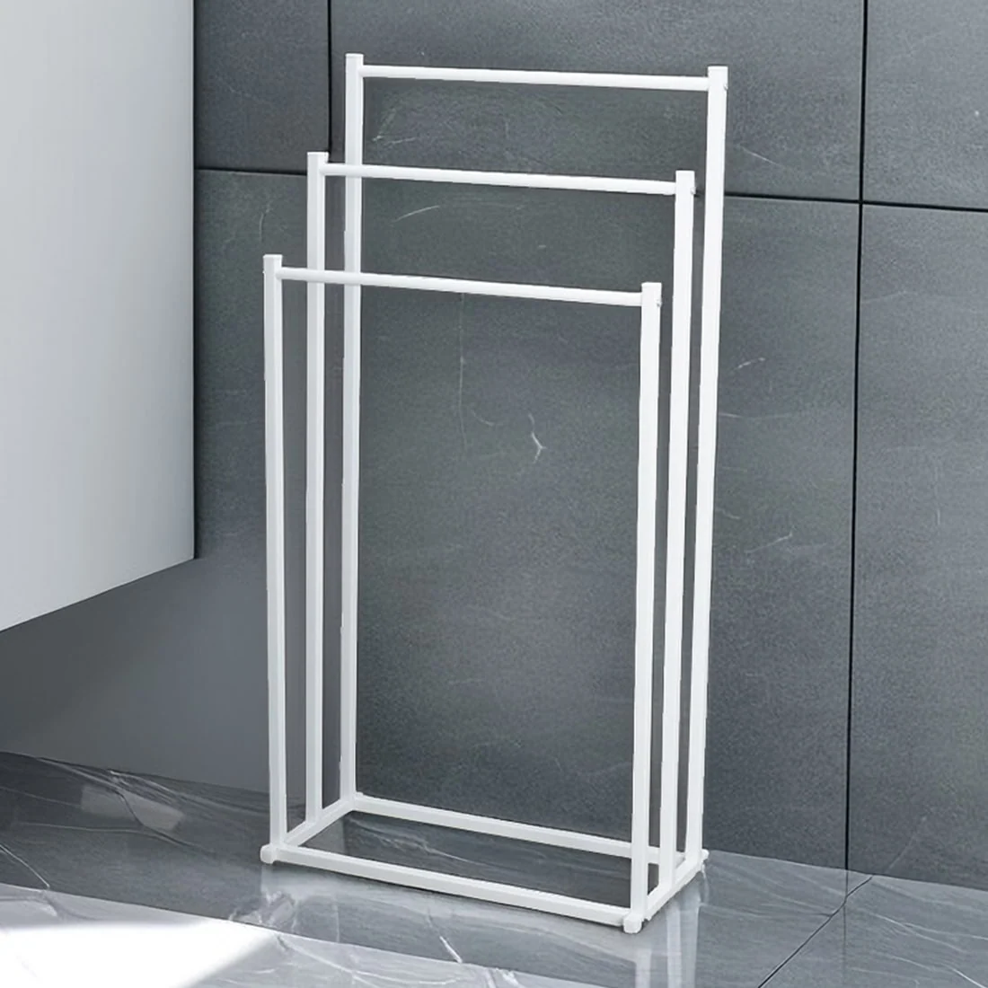 Three-tier towel rack stand shown in a bathroom setting