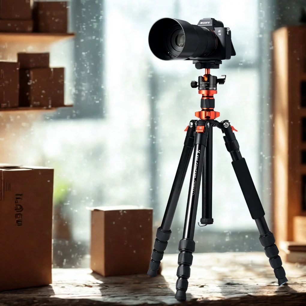 Aluminium portable camera tripod shown in use