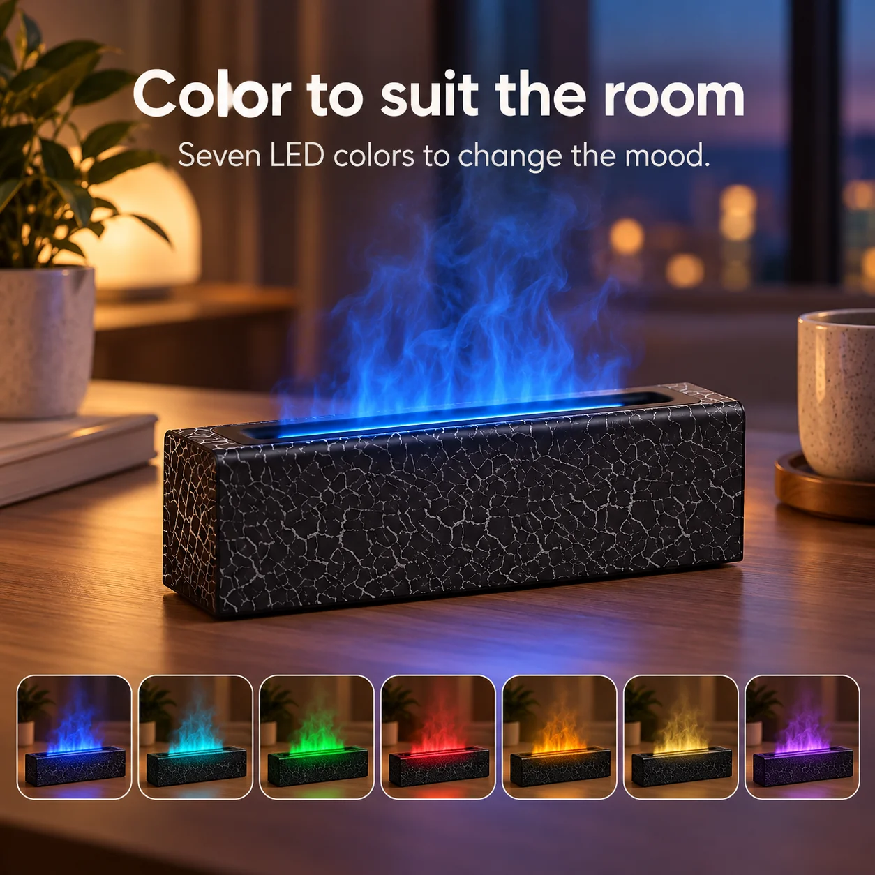 Flame-Effect Humidifier & Aroma Diffuser showing colour-changing flame effect in rising mist