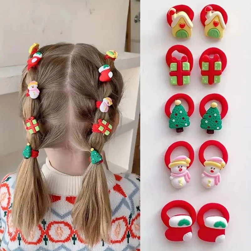 10 PCS Hair Ties for Girls Kids Elastic Ponytail Holders Santa Reindeer