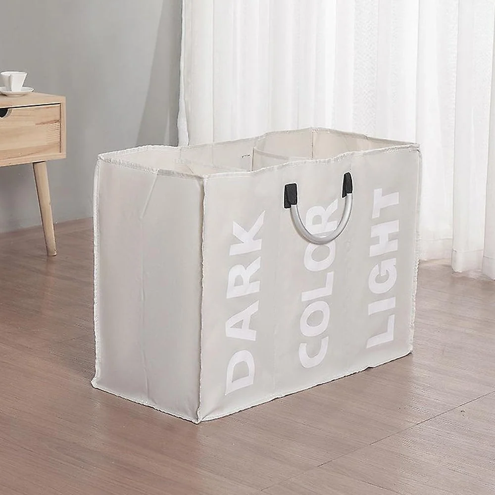 Laundry basket 3 compartments - foldable with handle - black, gray or light gray