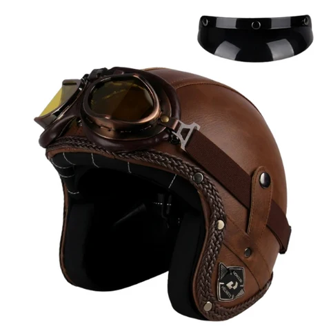 MotoClassic Retro Scooter Helmet in a vintage style with faux leather finish and built-in visor