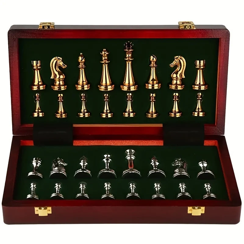 Vintage Chess Set – Folding Wooden Board with Metal Pieces