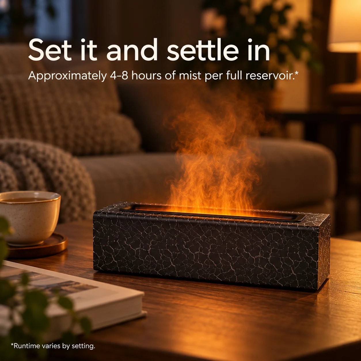 Flame-Effect Humidifier & Aroma Diffuser glowing with soft light and mist on a table