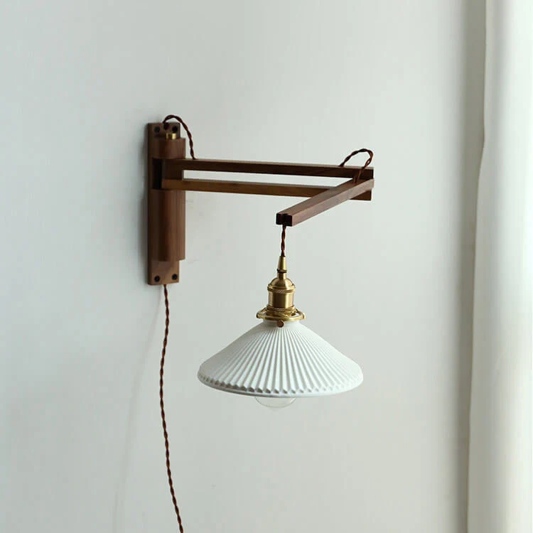 Wood and glass wall lamp with pleated shade, E26 socket, adjustable swivel arm and brass details, Japandi style mood light for hallway, living room or bedroom | Restfield