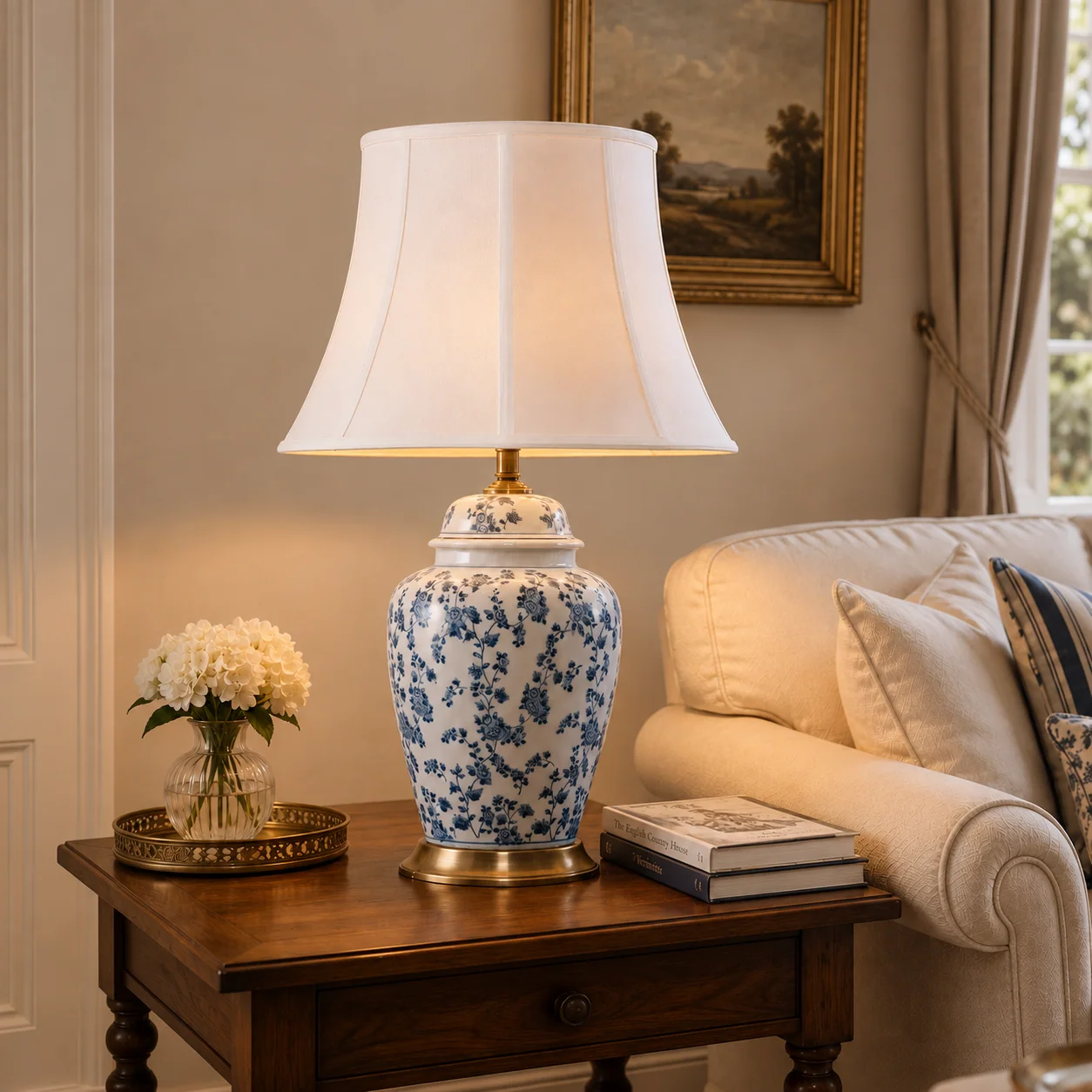Large Blue Floral Ceramic Table Lamp with Brass Base and Fabric Shade