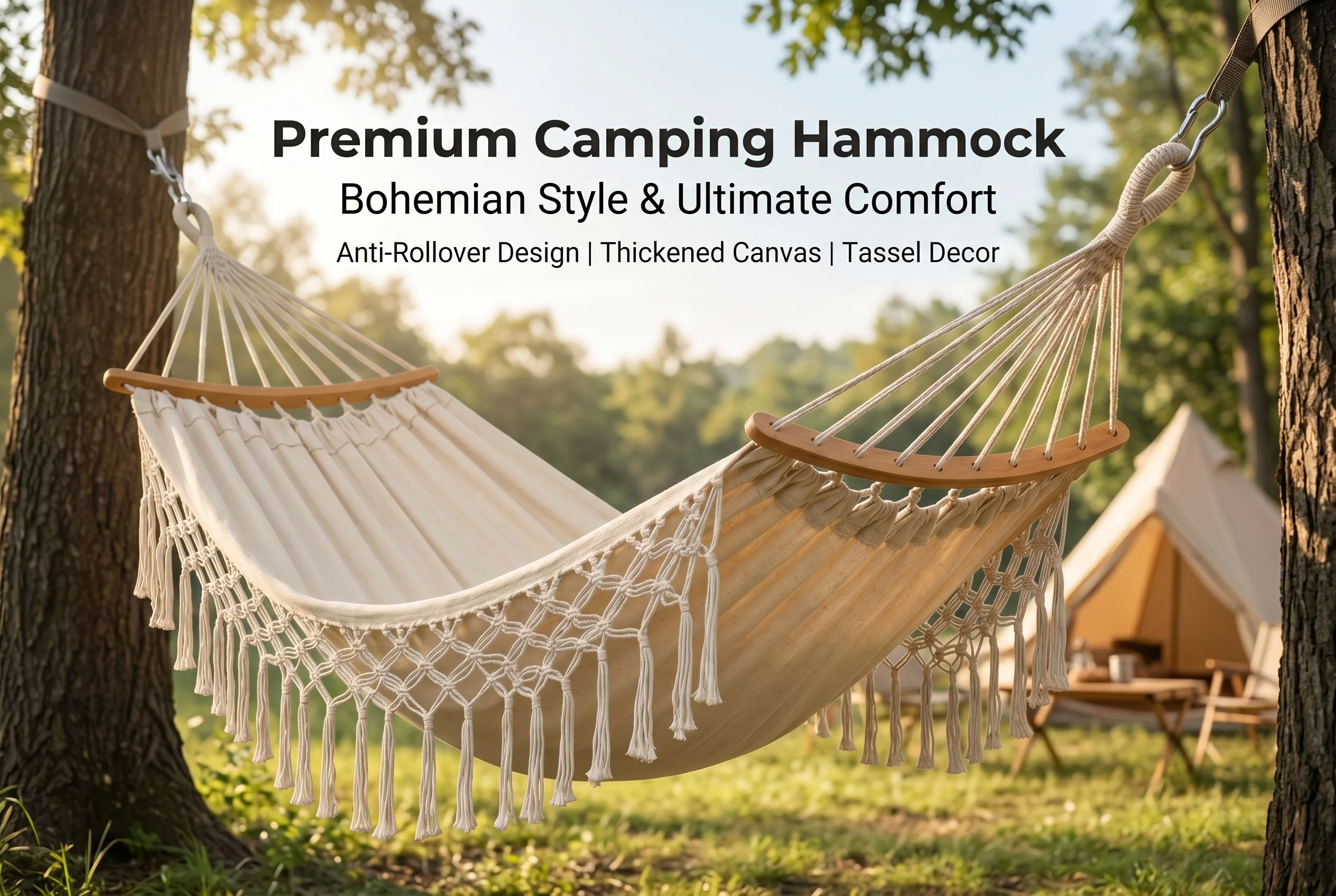 Canvas hammock with wooden poles and tassels