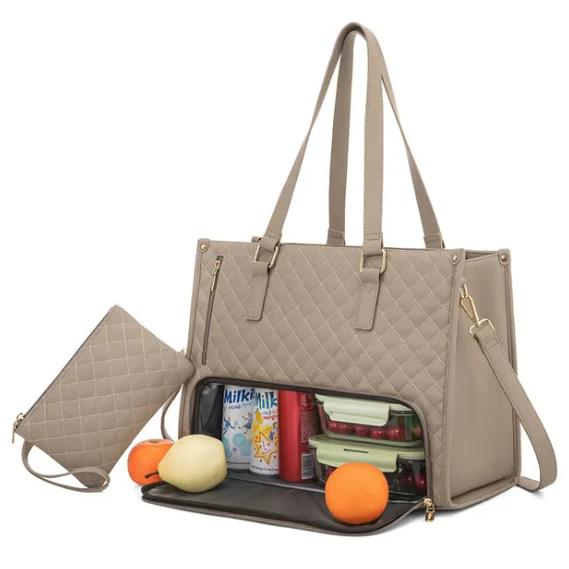 Thermal Lunch Laptop Bag Quilted Tote with Water Resistant Padded Compartment and Crossbody Strap
