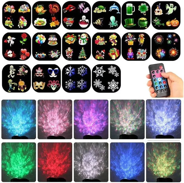 Projector light displaying snowflakes on house