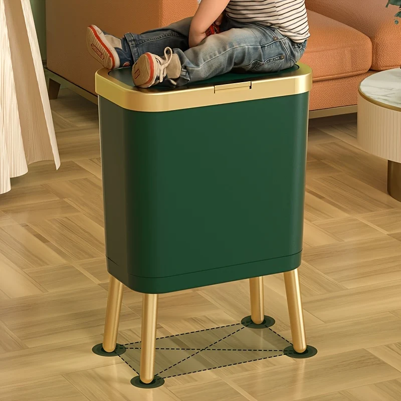 Slim waste bin with elevated legs in a modern interior