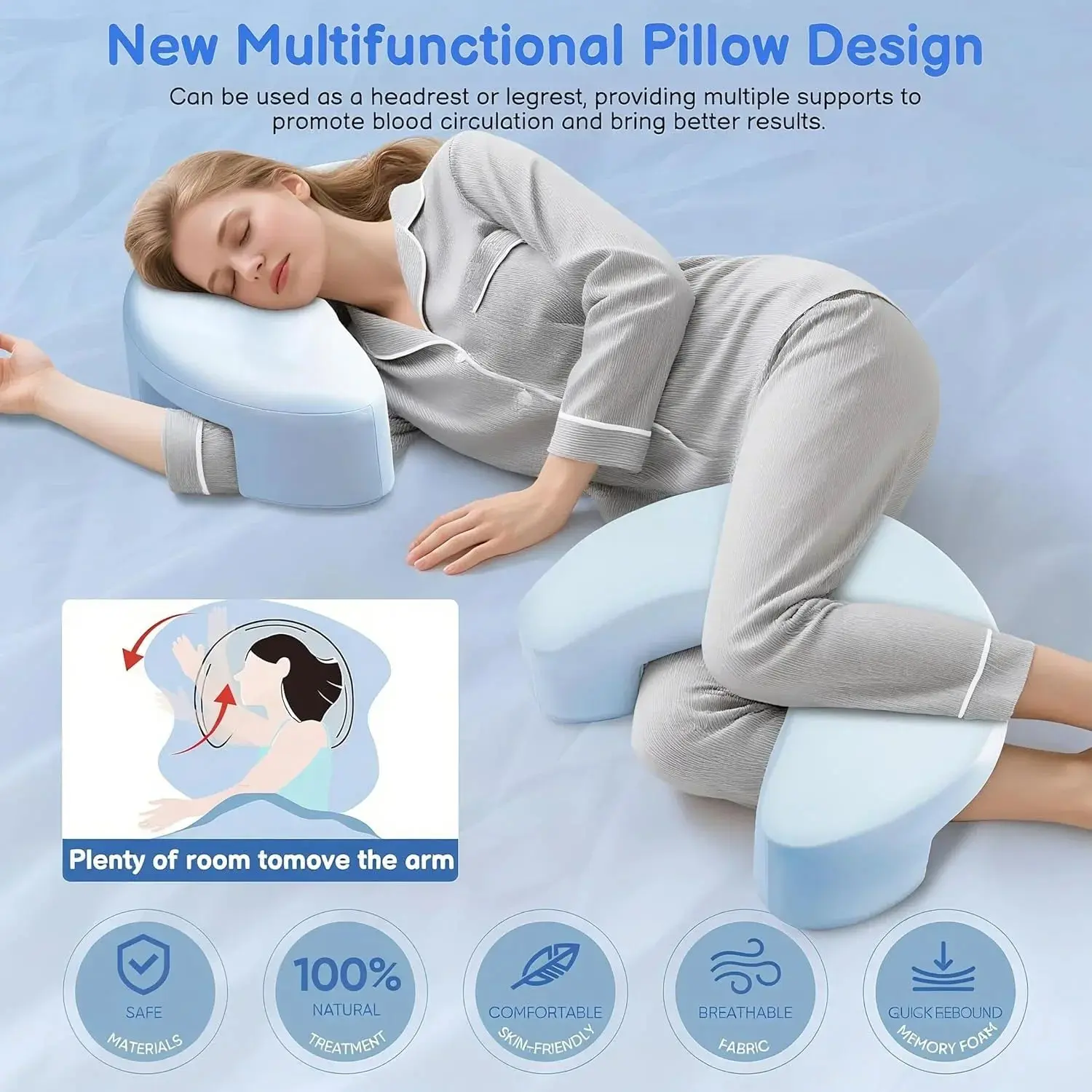 Side Sleeper Pillow with Arm Channels – Support Foam Cushion