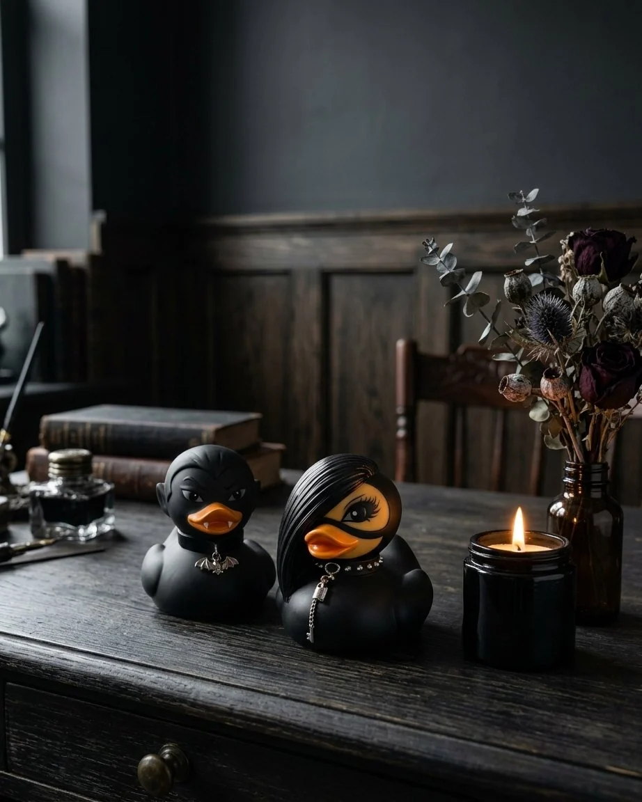 Goth Rubber Duck Decoration with Studded Collar, Chains and Moulded Details – Gothic and Punk Character Variants