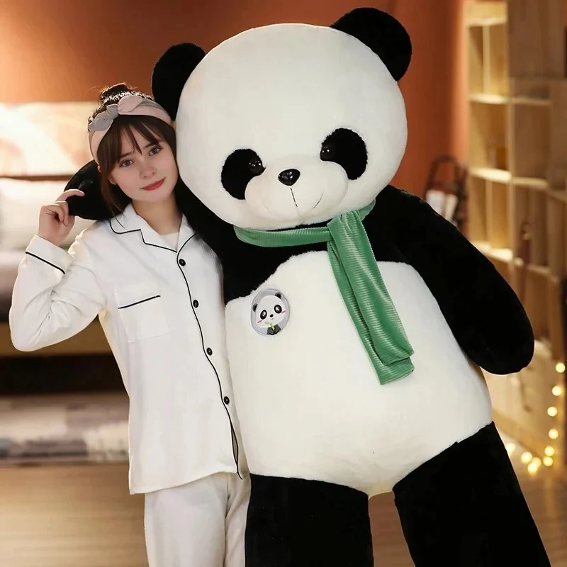 Giant panda plush skin with black-and-white markings and soulful eyes