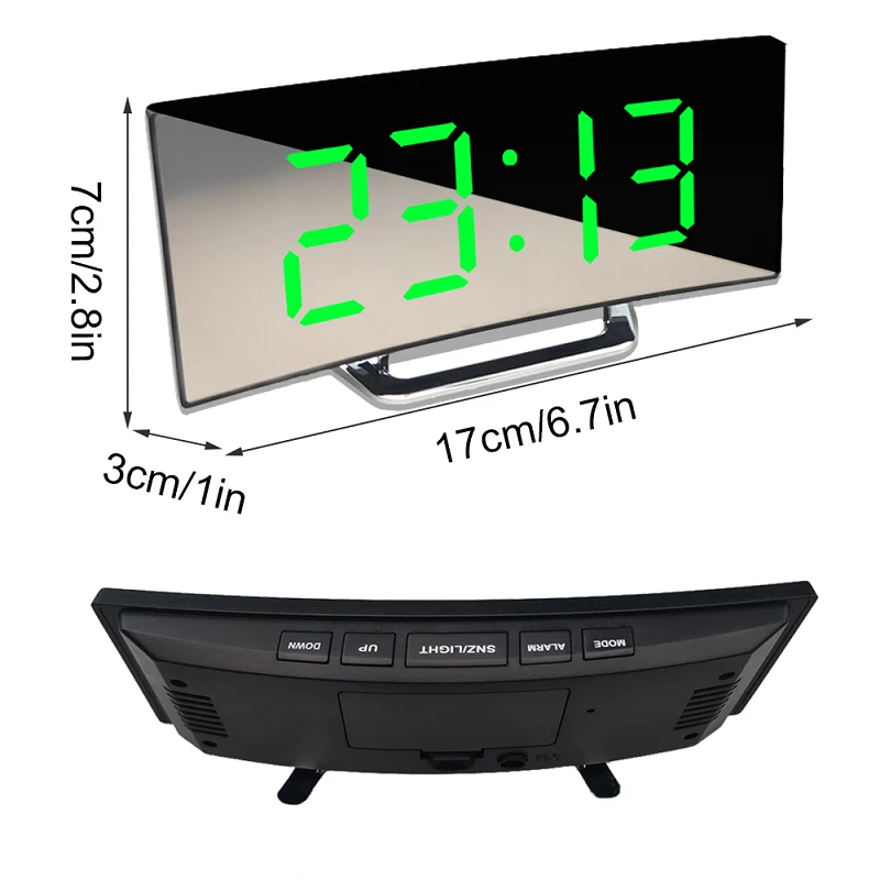 Digital alarm clock with curved LED mirror display shown in use