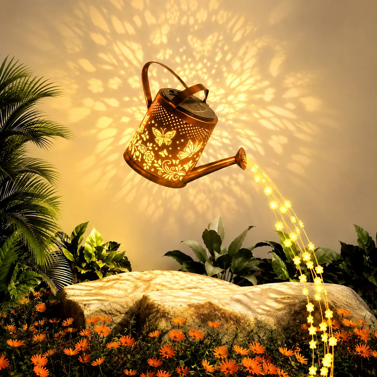 Outdoor Solar Garden Light with Metal Watering Can and Cascading LED String Copper