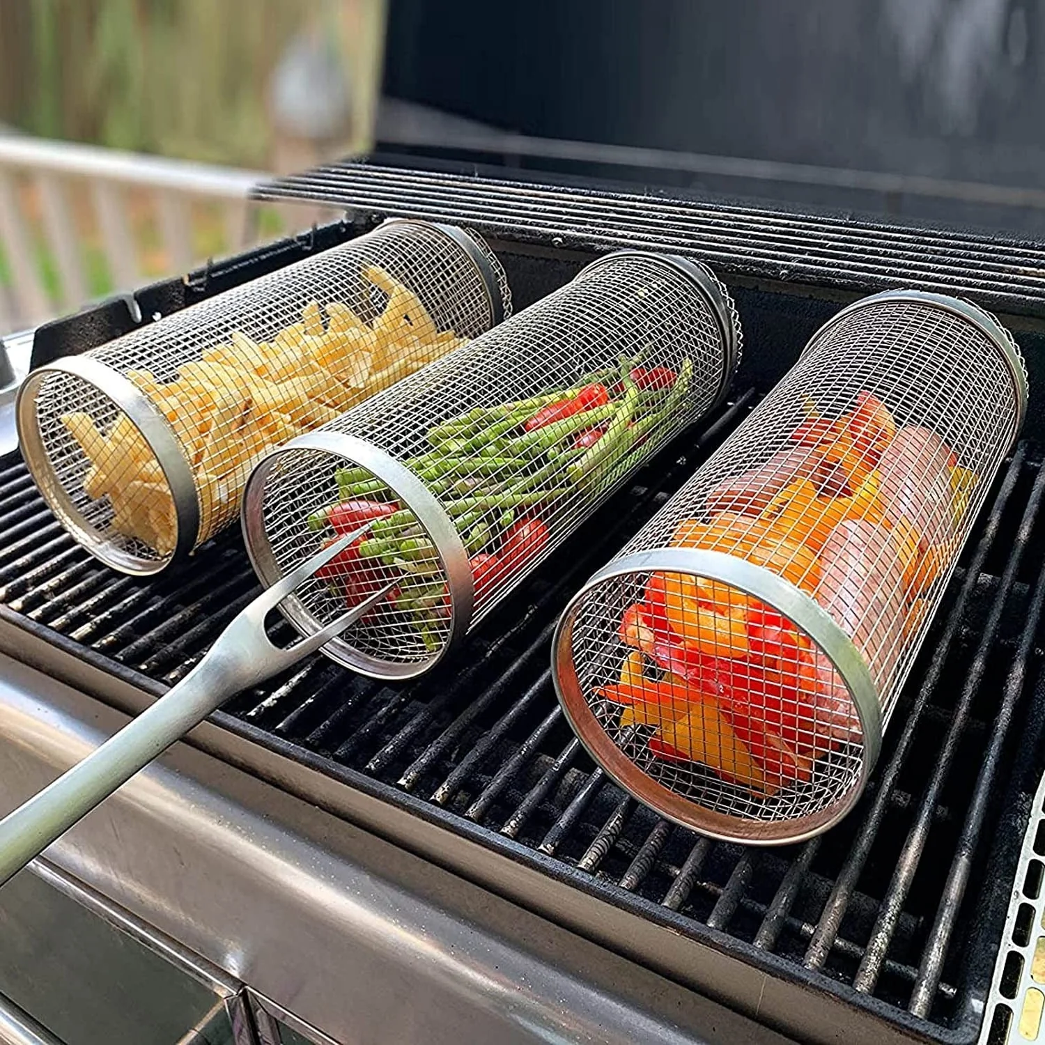 Premium Stainless Steel 360° Rotating Grill Basket for Fish and Veggies