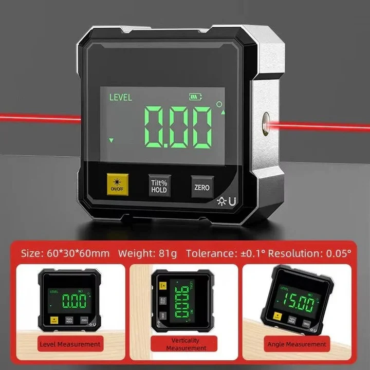 Digital angle finder with laser level attached magnetically to a metal surface