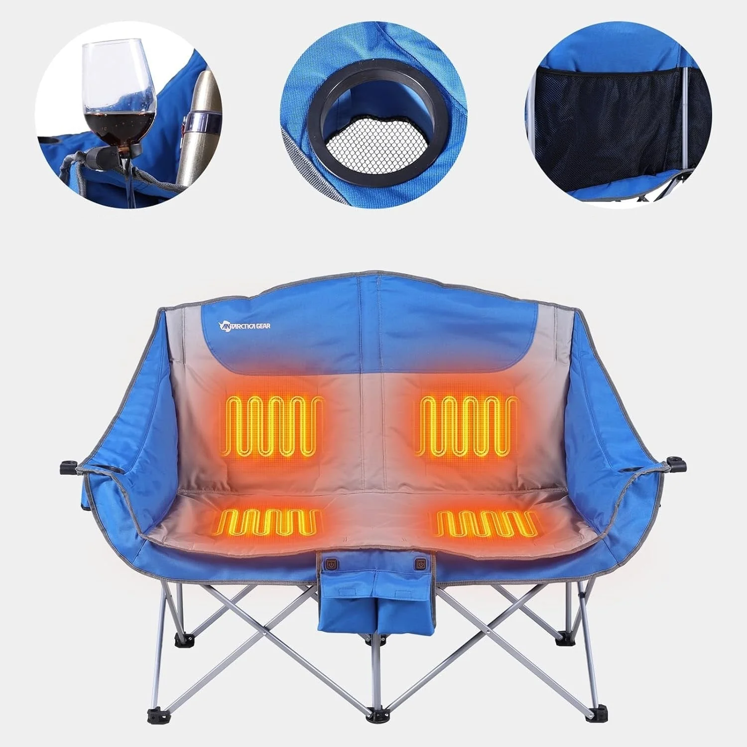 Heated double folding camping chair in blue and grey fabric with a metal frame