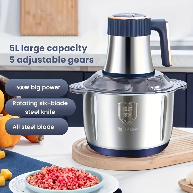 Stainless steel food processor with blue handle