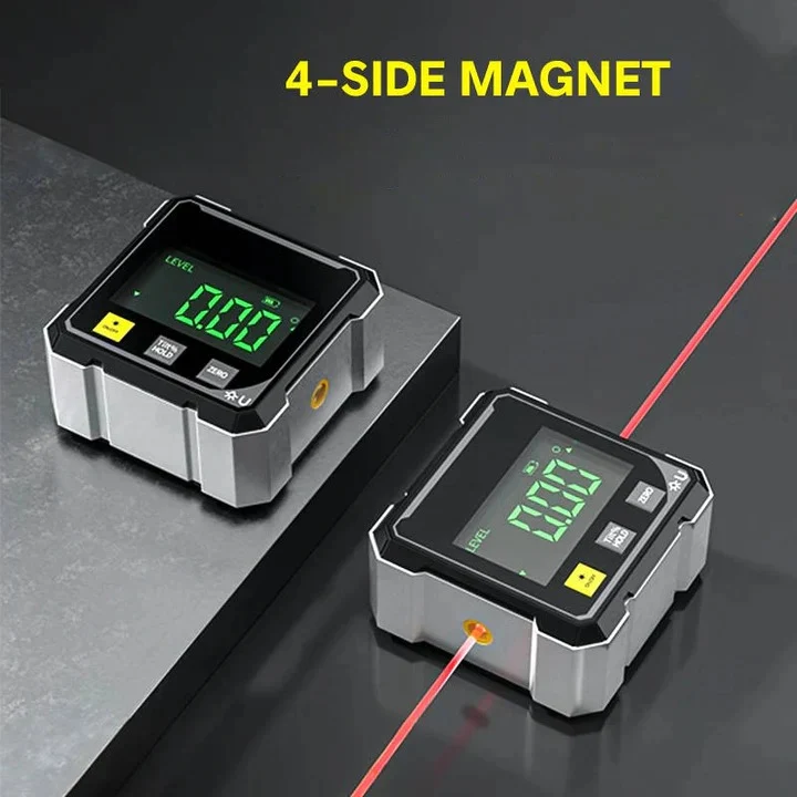 Digital angle finder with laser level shown in use on a workpiece