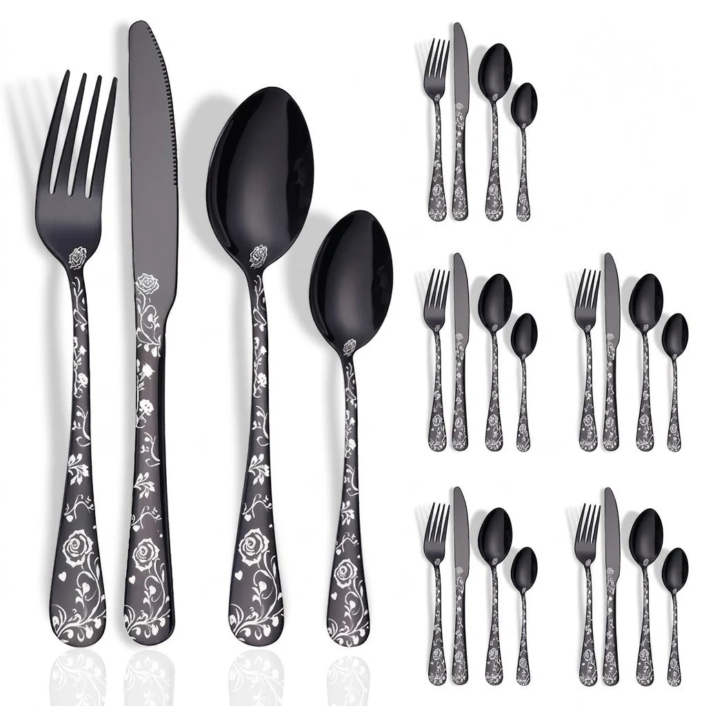 24-piece Cutlery Set with Embossed Floral Handle