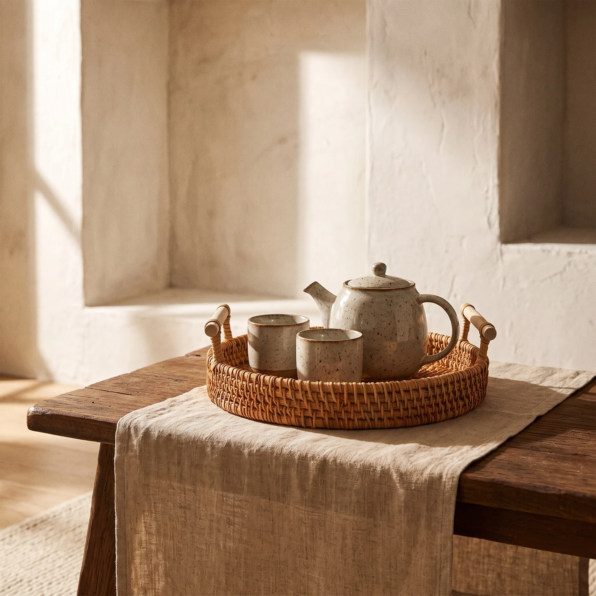 Copenhagen Rattan Serving Tray | Japandi Woven Tray with Wooden Handles