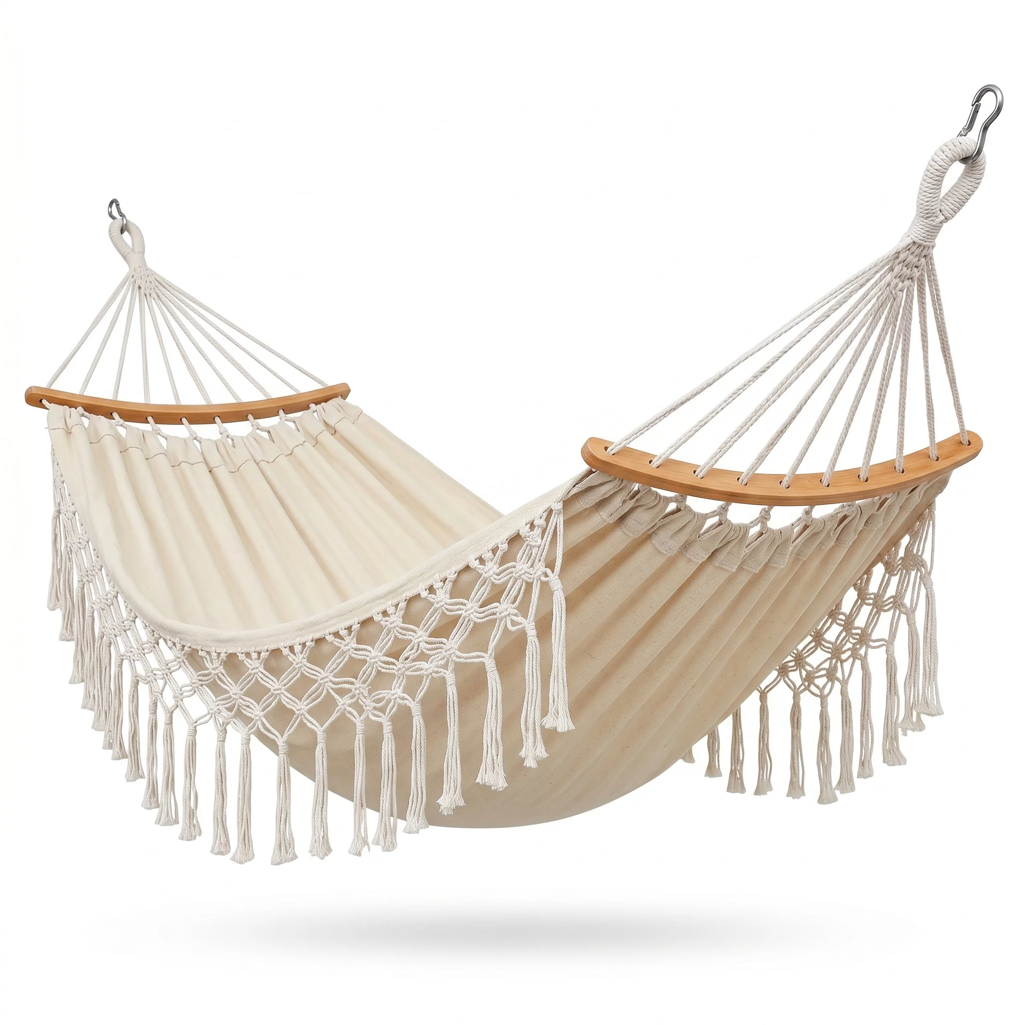 Canvas Hammock with Wooden Poles Double Widen Anti-Rollover 60cm Tassel Design -H22