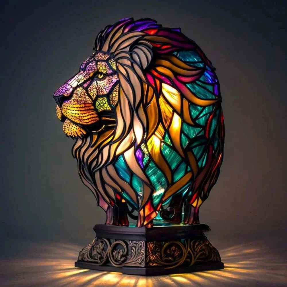Stained Glass Table Lamp | Wolf Design with Mosaic Pattern