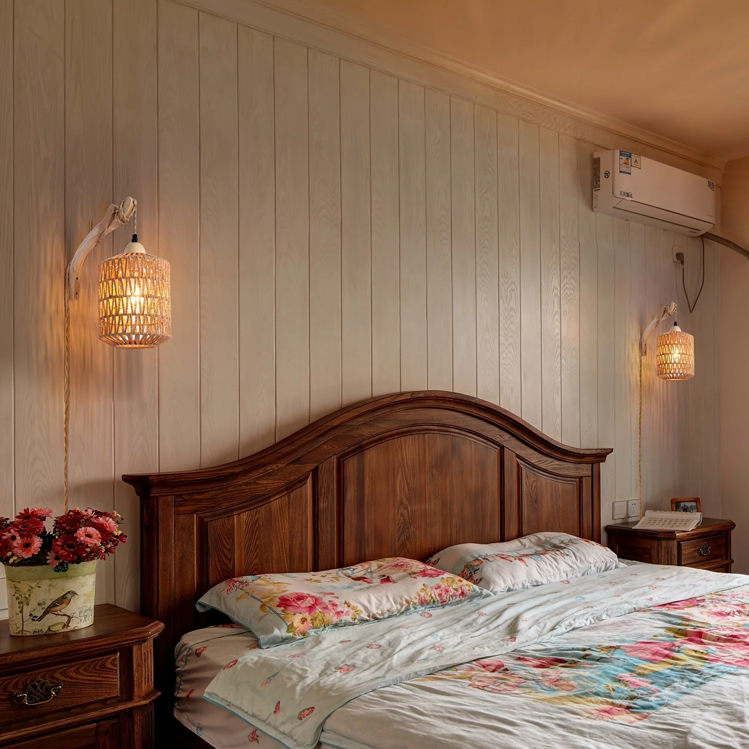 Rattan wood plug in wall lamp