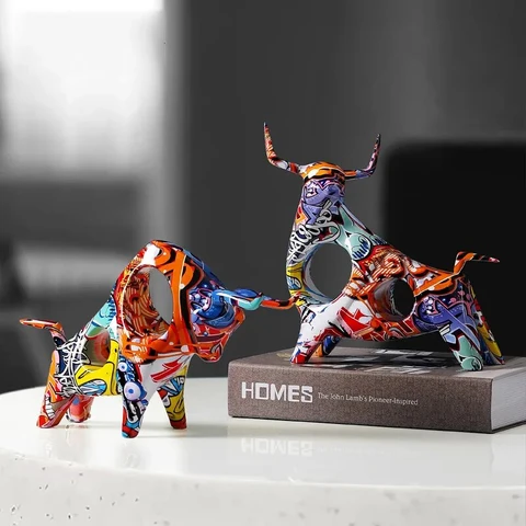 Colourful Bull Sculpture – Modern Resin Statue with Graffiti Art Design shown in a living space