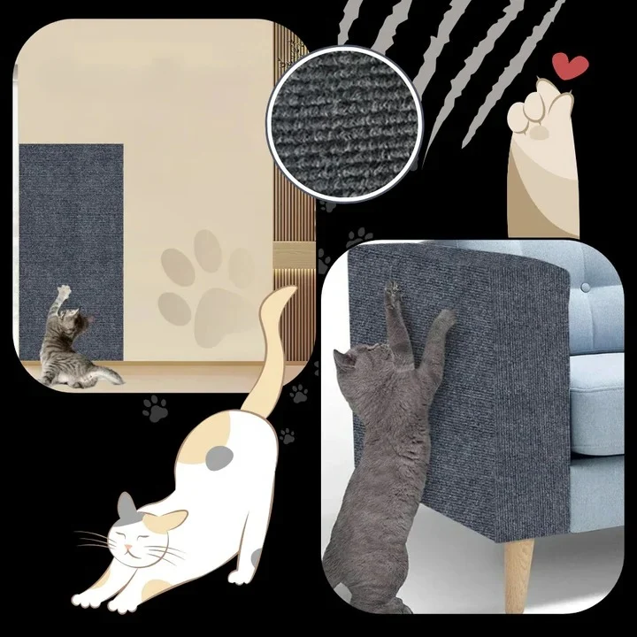 Adhesive wall-mounted cat scratch pad protecting furniture