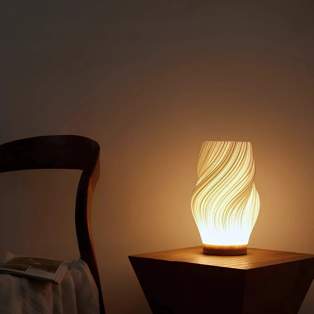 Table Lamp Modern Wave USB Dimmable Wood Base LED Light - Image 5