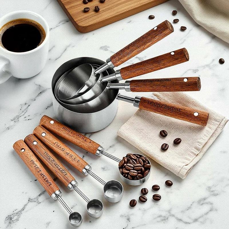 Wood & Metal Measuring Spoon 8 Set – Stainless Steel Baking & Coffee Tools