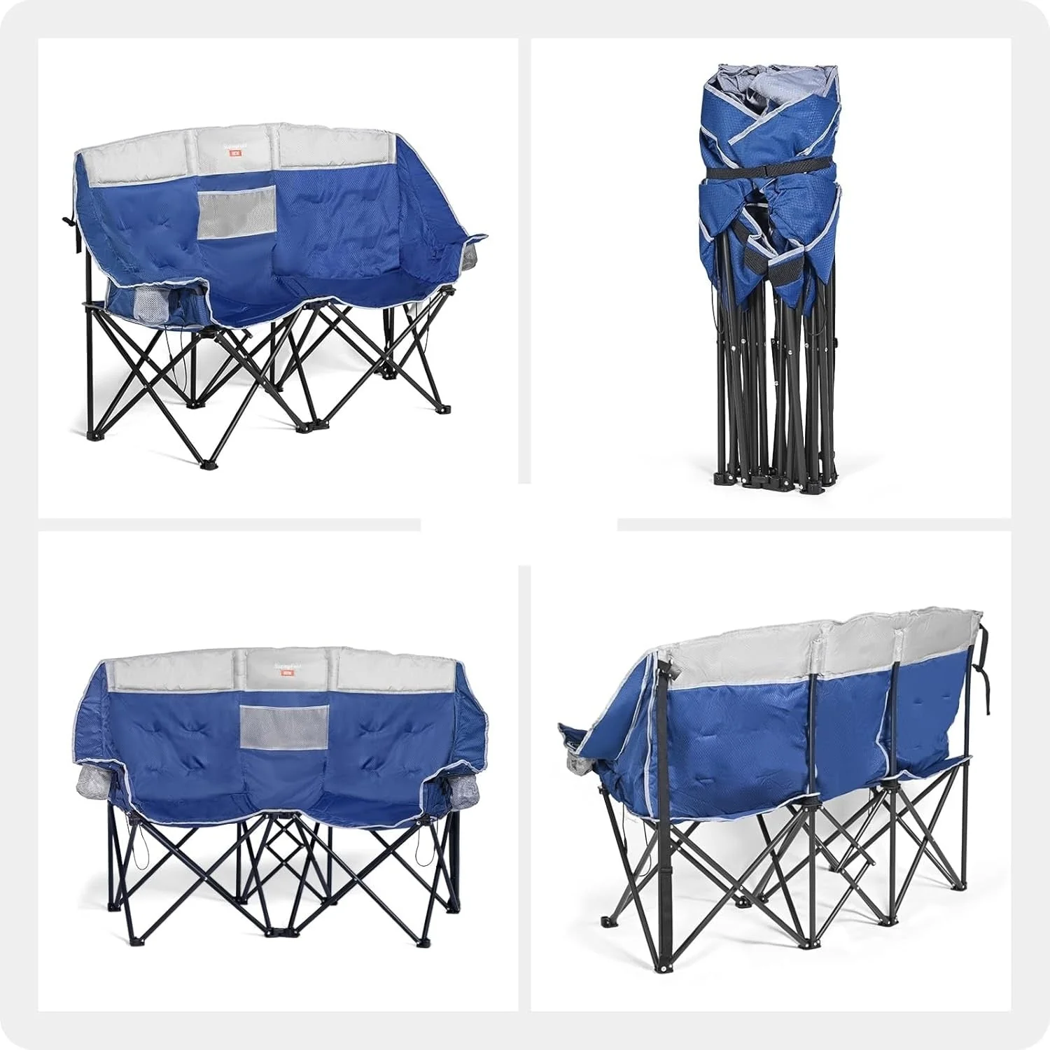 Blue and grey heated double camping chair set up outdoors
