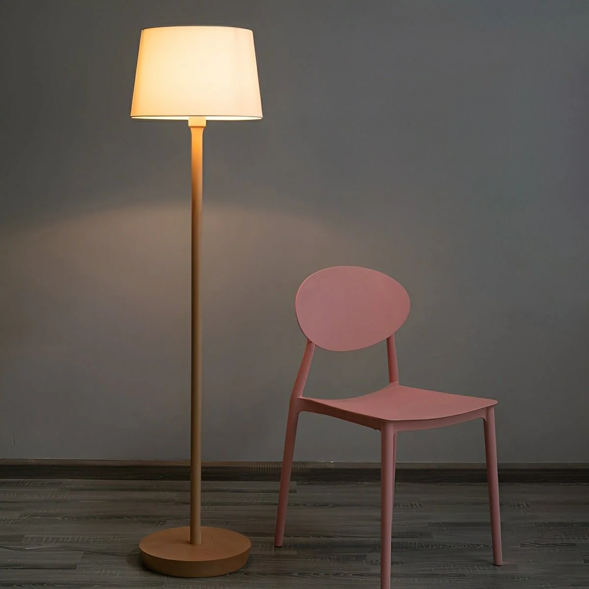 Modern Beech Wood Fabric Drum Shade LED Floor Lamp