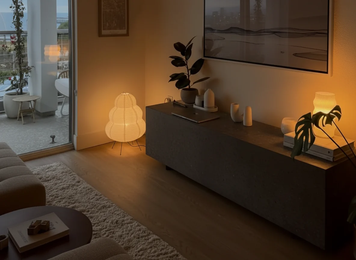Akari handcrafted Japanese rice paper floor lamp glowing softly in a living space
