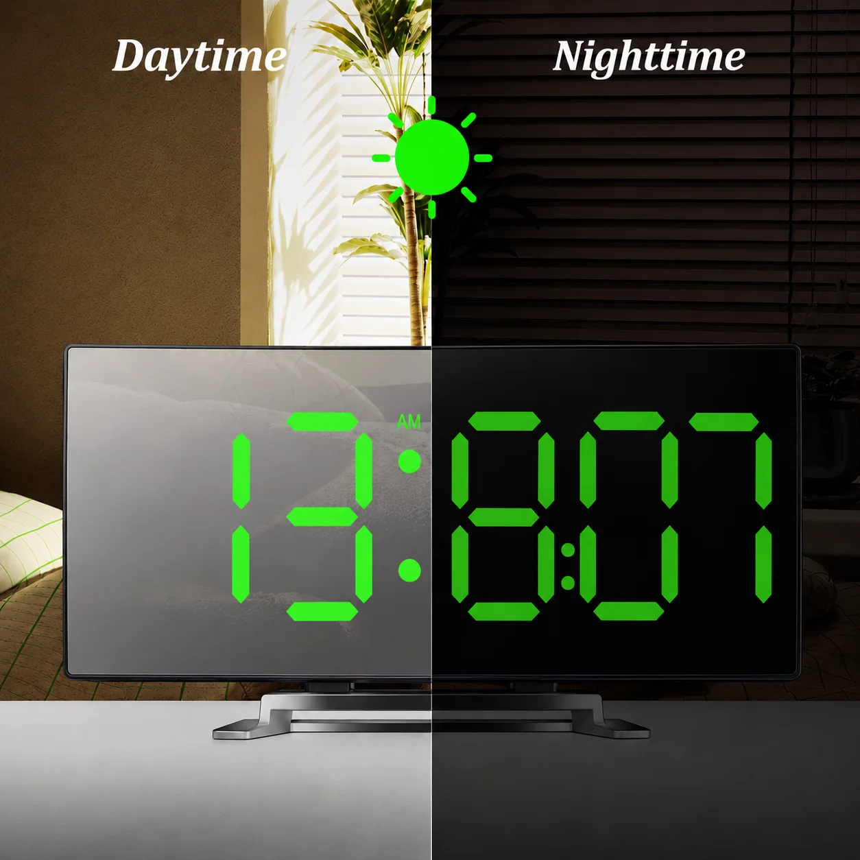 Digital alarm clock with curved LED mirror display and auto dimming