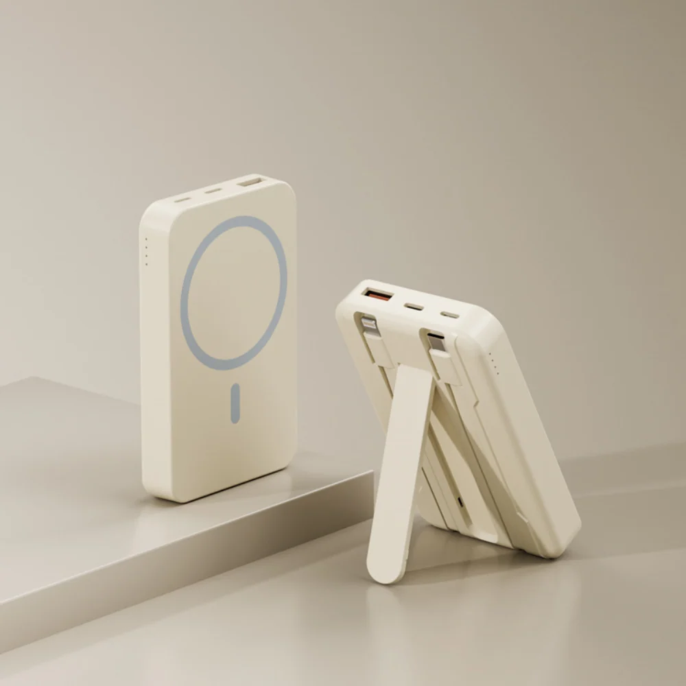 Magnetic wireless power bank in use as a stand