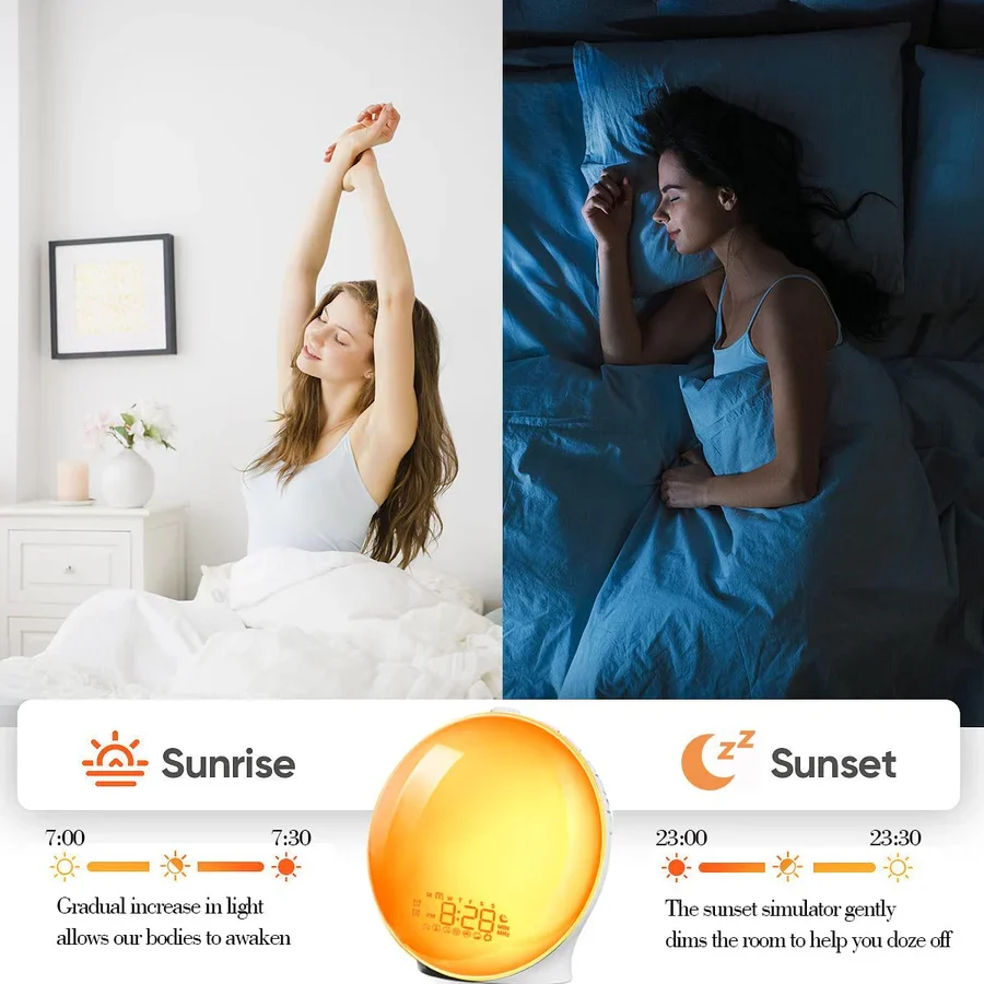 Smart wake-up light with sunrise simulation and nature sounds