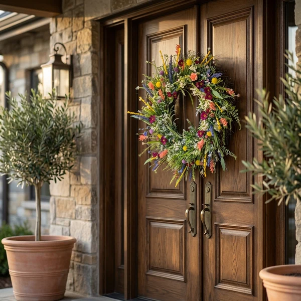 Texas Wildflower Wreath with silk flowers and eucalyptus greenery