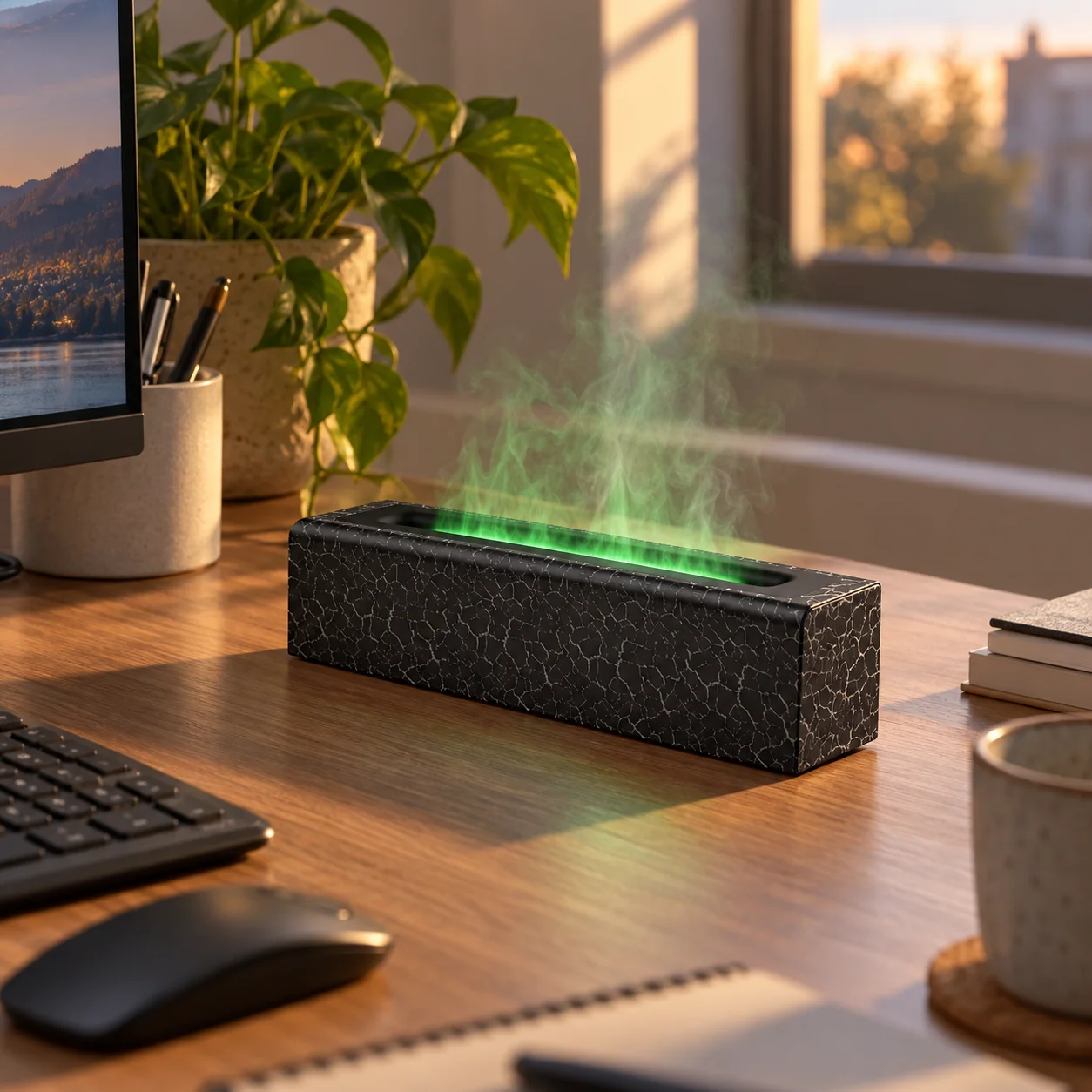 Flame-Effect Humidifier & Aroma Diffuser placed on a shelf in a cosy room