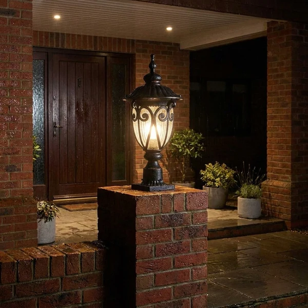 Retro glass outdoor pillar light, weatherproof