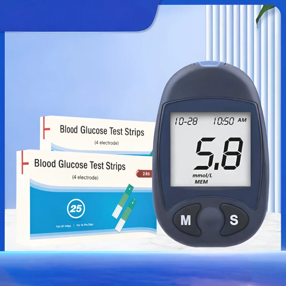 Blood glucose monitor kit shown with its features