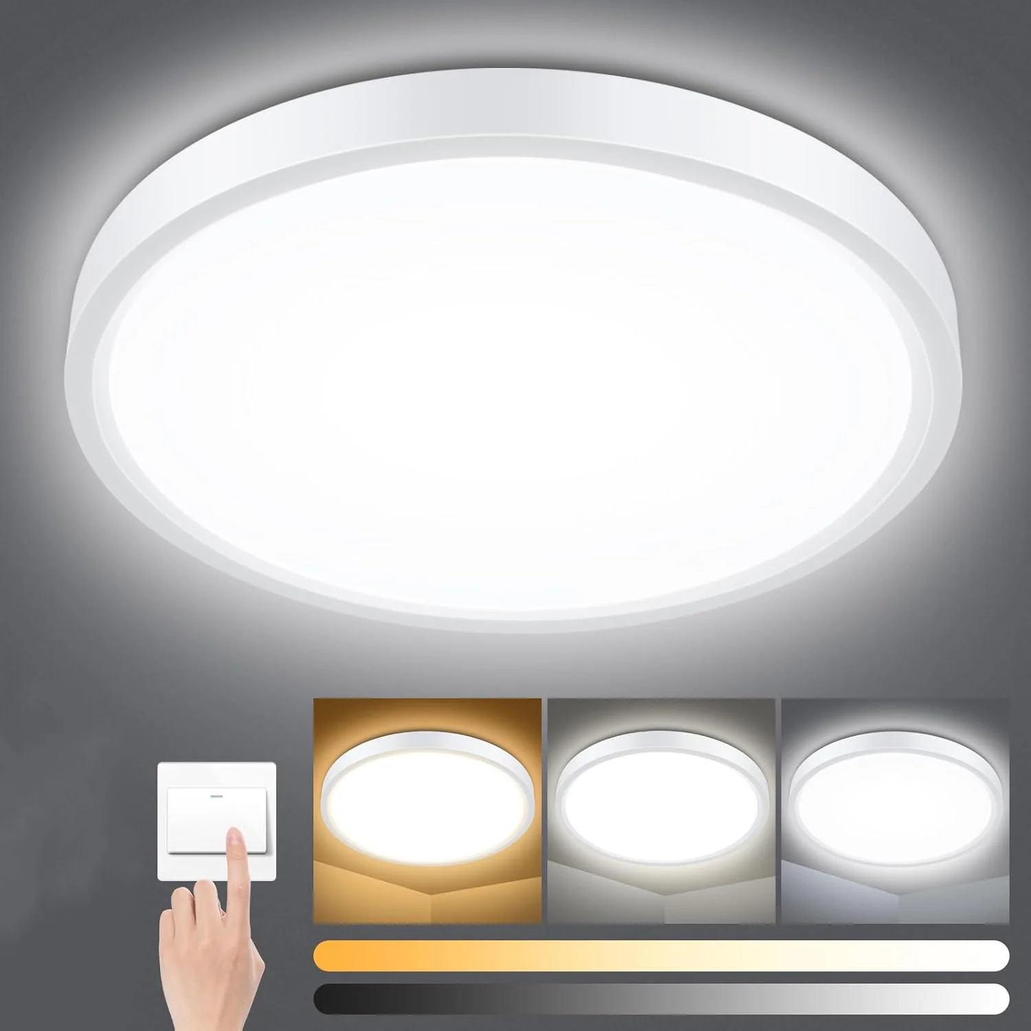 24W Dimmable LED Ceiling Light – 2200LM Round Flush Mount, 3000K–6000K CCT, IP54 Waterproof Ceiling Light for Bathroom, Kitchen, Bedroom, Living Room & Hallway