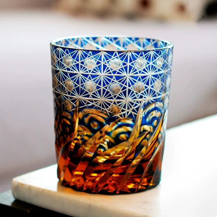 Kirrea Edo Kiriko Whisky Glass In Blue And Amber, Wooden Gift Box