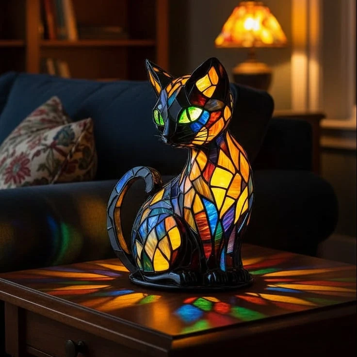 Stained Glass Cat Table Lamp and Night Light with Mosaic Design and Glowing Eyes