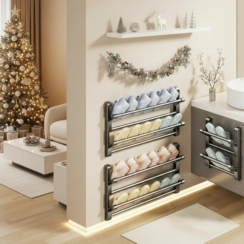 Wall-mounted white shoe rack with drainage