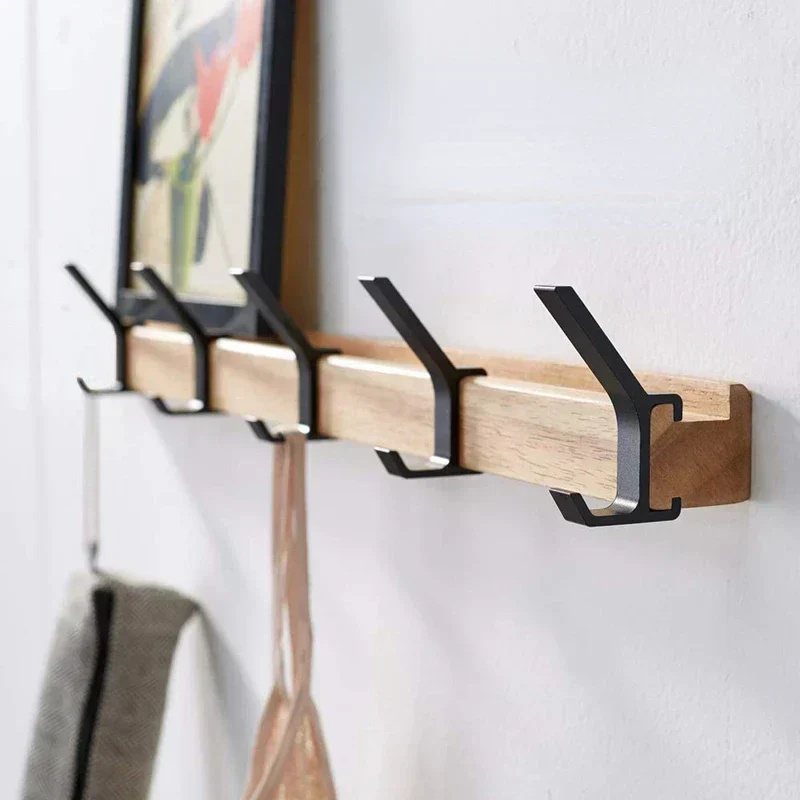 Adjustable Dual Hook Coat Rack for Entryway - Wall Mounted Black Wood