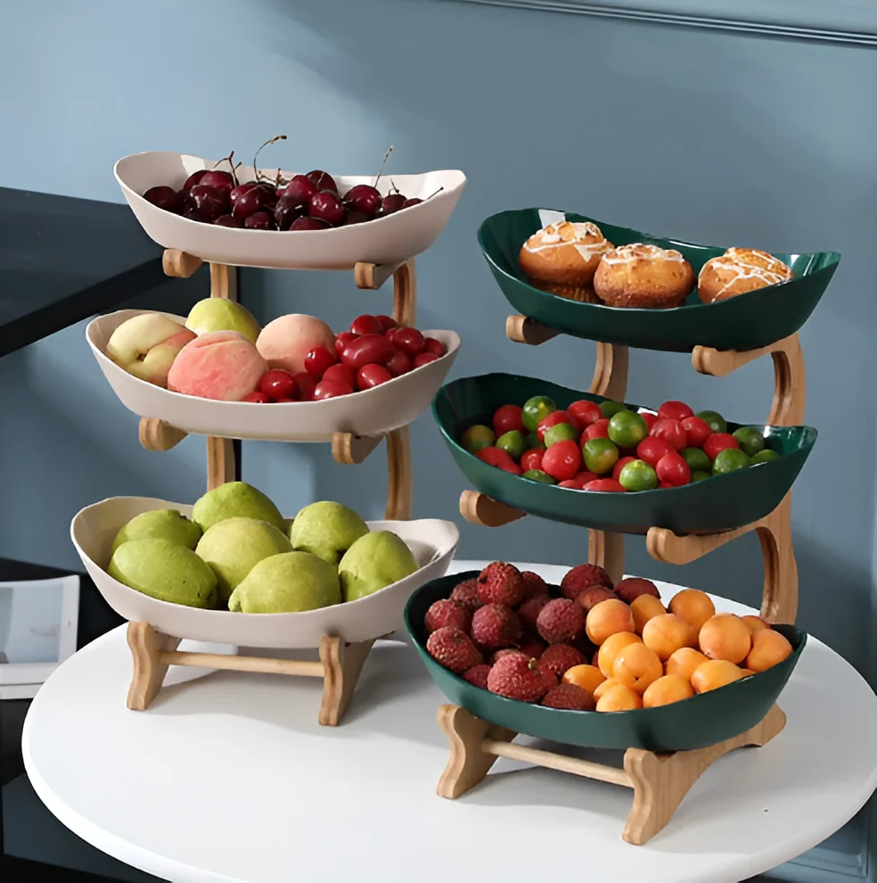 Wooden Tiered Fruit Bowl with metal frame and natural wood tiers